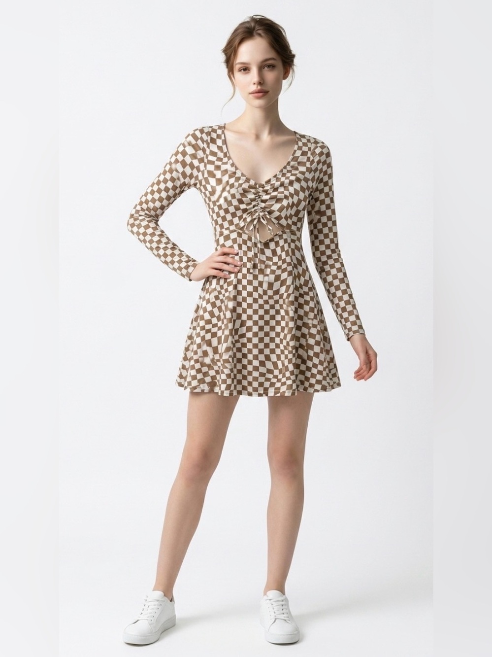 Hollister Brown & Cream Checkerboard Tie-Front Long Sleeve Mini Dress